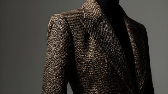 High-detail close-up of an elegant, textured brown jacket, showcasing modern fashion design and fabric quality with sophisticated studio lighting on a neutral background