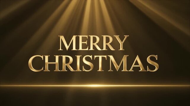 Golden "Merry Christmas" text illuminated by radiant light beams against dark background.