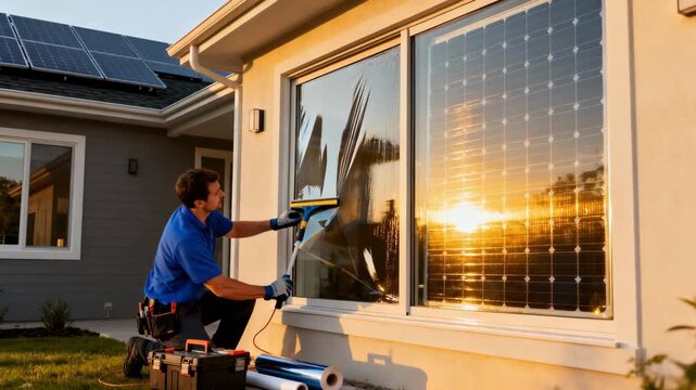 Worker adjusting energygenerating window films on a residential home highlighting sustainable living and ecofriendly home upgrades.
