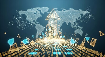 Experience the power of AI connecting the world with a forward moving arrow and a network of connected dots, ideal for technology business solutions