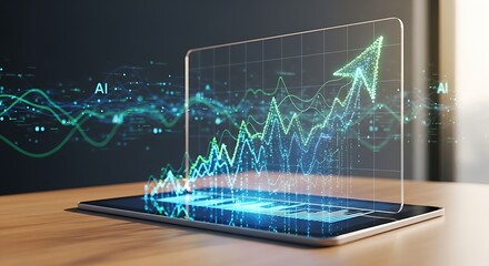 Stunning AI driven stock market data analysis with upward trending graph on modern tablet for financial success and investment growth strategies