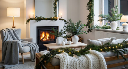 A cozy living room, beautifully adorned for the winter holidays with a warm fireplace, lush pine garlands, and twinkling lights, creating an inviting and festive atmosphere