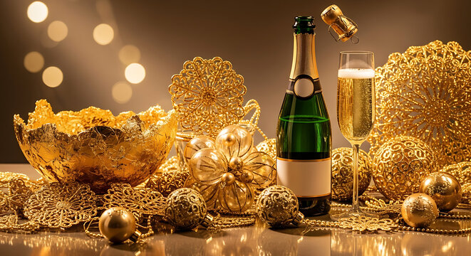 Elegant golden celebration scene featuring sparkling champagne, cork, and opulent decorations, creating a festive atmosphere for joyous toasts and memorable special occasions