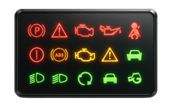 Illuminated alert indicators on a central warning panel.