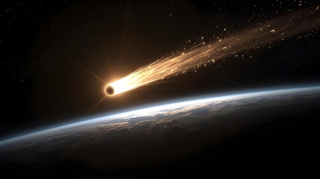 Dramatic cosmic scene of a fiery asteroid approaching a planet, creating an apocalyptic threat from outer space
