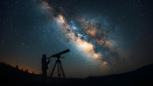 A solitary observer stands silhouetted against the magnificent glow of the Milky Way galaxy, intently exploring the cosmos through a powerful telescope on a clear night