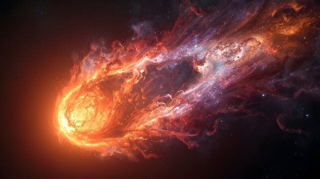 A brilliant celestial phenomenon, a fiery cosmic object streaks through deep space, casting an ethereal glow and trailing vibrant nebulae of gas and dust, depicting a powerful astronomical event
