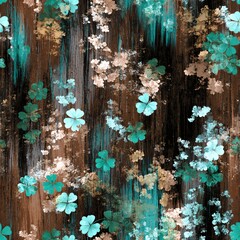 Fototapeta premium Seamless pattern with turquoise clover leaves on a textured dark wood background. Luck and nature concept for St. Patricks Day.