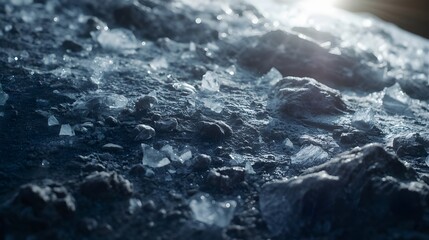 Fototapeta premium Close-up detailed view of the frozen, crystalline surface of a celestial body, possibly a comet or asteroid in outer space