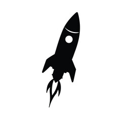 Fototapeta premium Simple black silhouette icon of a stylized rocket ship blasting off with flames against a white background
