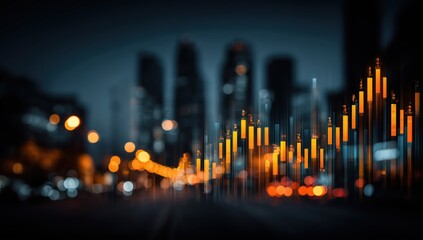 Vibrant Cityscape with Abstract Financial Chart Overlay and Blurred Urban Background