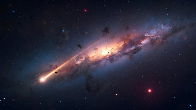 A cinematic depiction of a blazing comet traversing a star-studded galaxy, its luminous tail sweeping across cosmic dust clouds in the vastness of deep space