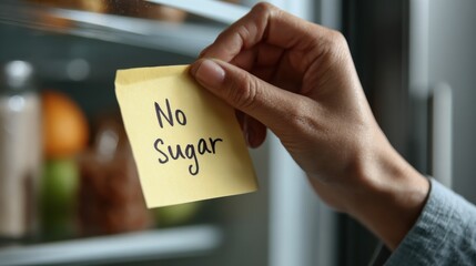 Woman Places No Sugar Note on Fridge to Support Diet Choice for Belly Fat Reduction