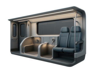 Train car featuring dedicated spaces for guide dogs and harness attachment points.