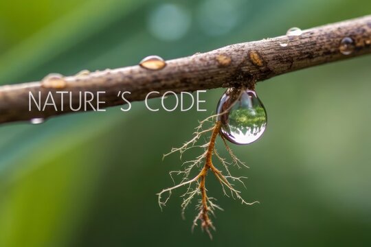 A water droplet reflecting a root on a branch in nature