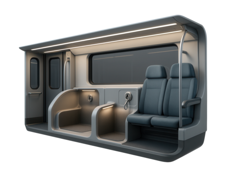 Train car featuring dedicated spaces for guide dogs and harness attachment points.