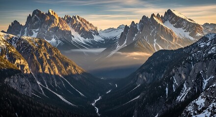 Majestic Mountain Range at Sunrise with Valley and River.