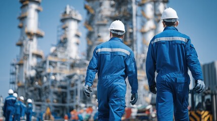 Fototapeta premium Workers in Blue Coveralls Walking Towards Industrial Facility with Safety Helmets