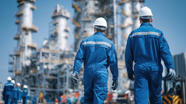 Workers in Blue Coveralls Walking Towards Industrial Facility with Safety Helmets