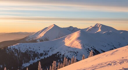 Majestic snow-capped mountain peaks bathed in the soft golden glow of dawn, creating a breathtaking serene winter landscape