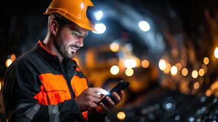 Miner Using Mobile Phone for Communication in Underground Tunnel with Safety Helmet and Gear
