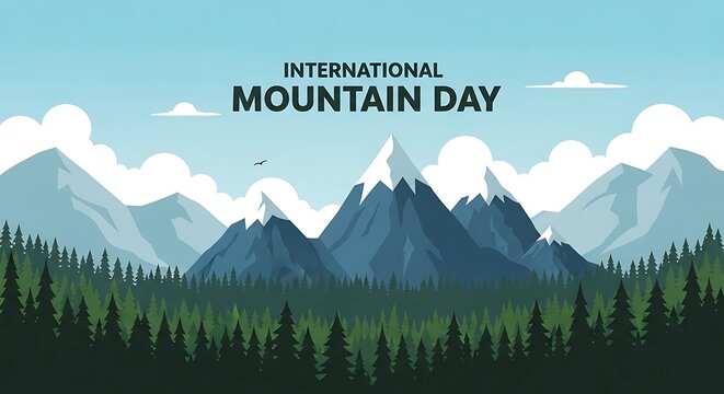 Scenic mountain landscape illustration with trees, suitable for International Mountain Day celebrations - Powered by Adobe