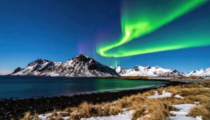 Icelandic Northern Lights Display: Vibrant Aurora Borealis Over Dramatic Mountain Landscape & Coastal Waters