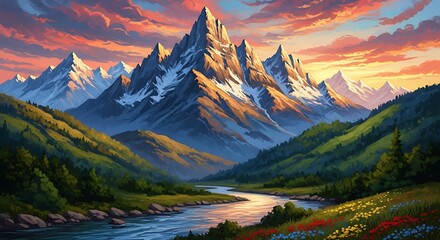 Majestic snow-capped mountains under a vibrant sunset sky, with a winding river flowing through a lush green valley dotted with wildflowers