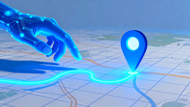 Digital hand navigates a route on a map with a location pin highlighting the destination for travel planning and gps navigation technology with a futuristic interface design