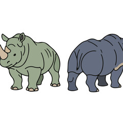 Two Cartoon Rhinos Standing Side by Side in a Simple Style.