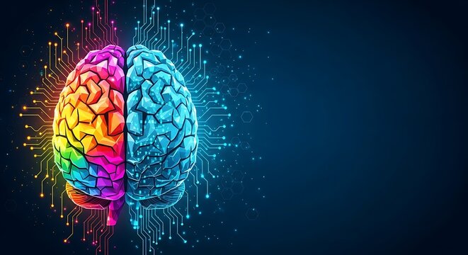 Vibrant illustration depicting the conceptual fusion of human creativity and digital intelligence, showcasing the intricate duality of the mind's artistic and logical capabilities