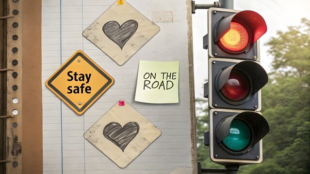 Layered Collage of Road Signs and Traffic Lights with Handwritten Safe Driving Reminders
 - Powered by Adobe