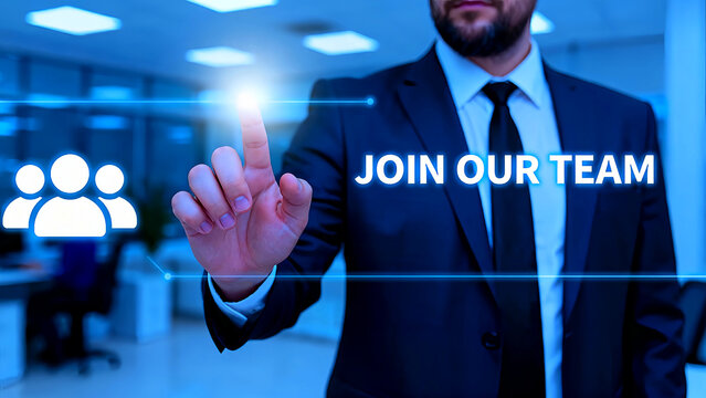 Businessman in a suit interacts with a digital interface to recruit new team members for a growing company using modern technology and a forwardthinking business strategy