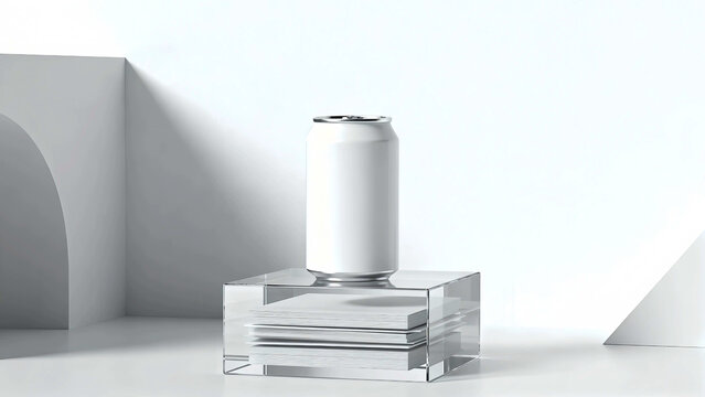 Minimalist product presentation featuring a white aluminum can mockup on a transparent acrylic display block in a bright white studio setting for branding and advertising projects
