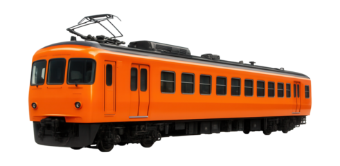Vivid orange electric train car featuring a black undercarriage and roof components.
