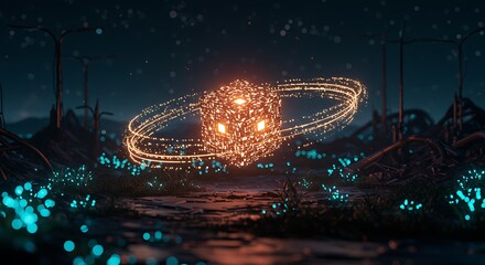 Glowing cube levitating surrounded by golden rings in an ethereal, dark, and futuristic landscape