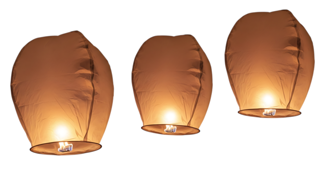 Paper sky lanterns, Three illuminated glowing with warm light, cutout, PNG isolated on transparent background - Powered by Adobe