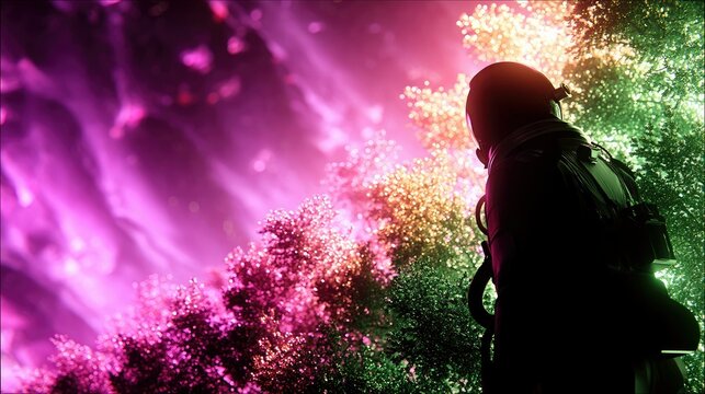One person, adult, astronaut in silhouette, looking up at a colorful, swirling nebula above a surreal, alien forest. The scene is illuminated by vibrant pink an - Powered by Adobe