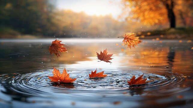 Several vibrant orange maple leaves are falling into calm water, creating ripples. The scene is bathed in warm, golden sunlight, with a blurred background of au - Powered by Adobe