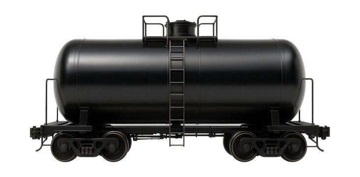 Chemical tanker railcar with rubber lining, external ladder, and safety handrails.