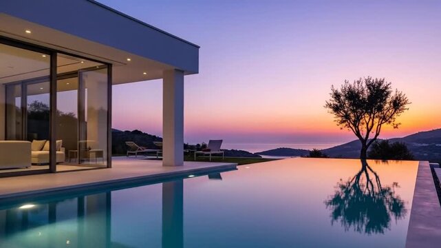 Modern luxury villa with infinity pool at twilight offering amazing sunset landscape