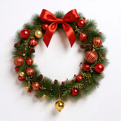 Classic evergreen Christmas wreath with snow-tipped branches, silver ornaments, and a satin bow, isolated against white background. Great for holiday branding and seasonal print materials.