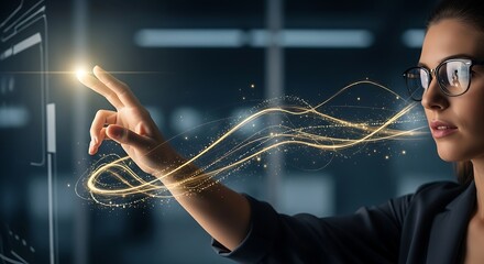 Woman interacting with a holographic interface, her touch igniting a futuristic data stream, symbolizing innovation, connectivity, and advanced technological solutions