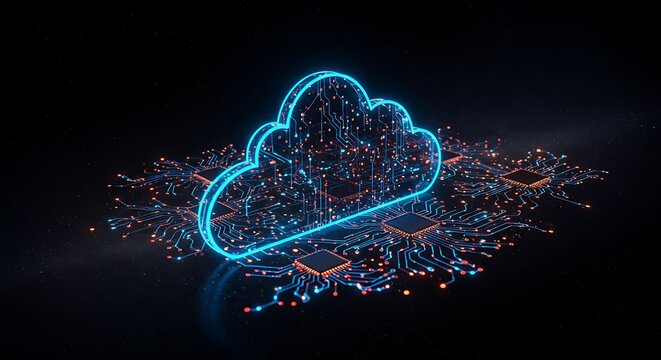Glowing digital cloud icon made of circuits, illustrating data storage and online technology - Powered by Adobe