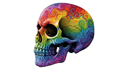 Skull, Colorful with rainbow swirl patterns and detailed teeth, cutout, PNG isolated on transparent background