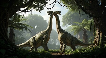 Two Brachiosaurus Dinosaurs in a Lush Prehistoric Jungle Landscape.