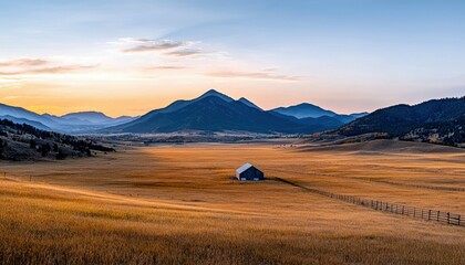 A solitary barn stands in a vast, golden field of dry grass, framed by rolling hills and a majestic mountain range under a soft sunset sky.