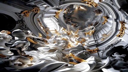 An ornate Baroque ceiling fresco depicting angels and allegorical figures, illuminated by dramatic light, with intricate white and gold sculptures.