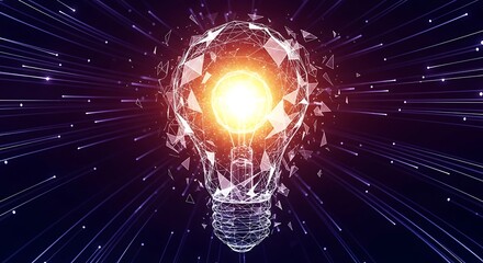 Digital light bulb concept symbolizing innovative ideas and technological breakthroughs with abstract polygonal design radiating energy and smart solutions for future development