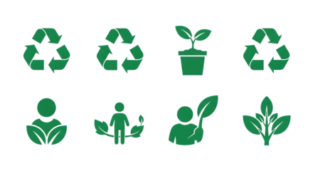 Recycling symbols and plant icons, Green representing environmental care and sustainability, cutout, PNG isolated on transparent background